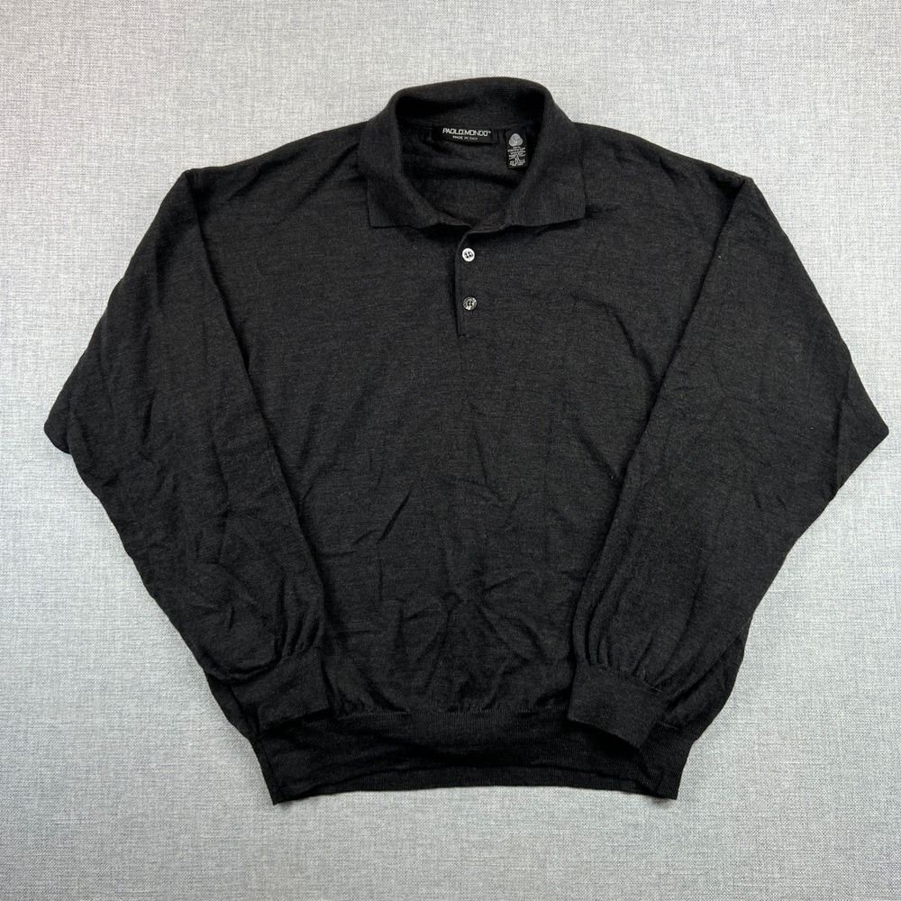 Vintage Y2K Paolo Mondo Merino Wool Polo Sweater Men XL Gray Luxury Italy‎